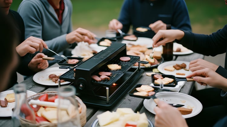 a group of people eating at a campground picnic table using a raclette as an example of RV kitchen appliances
